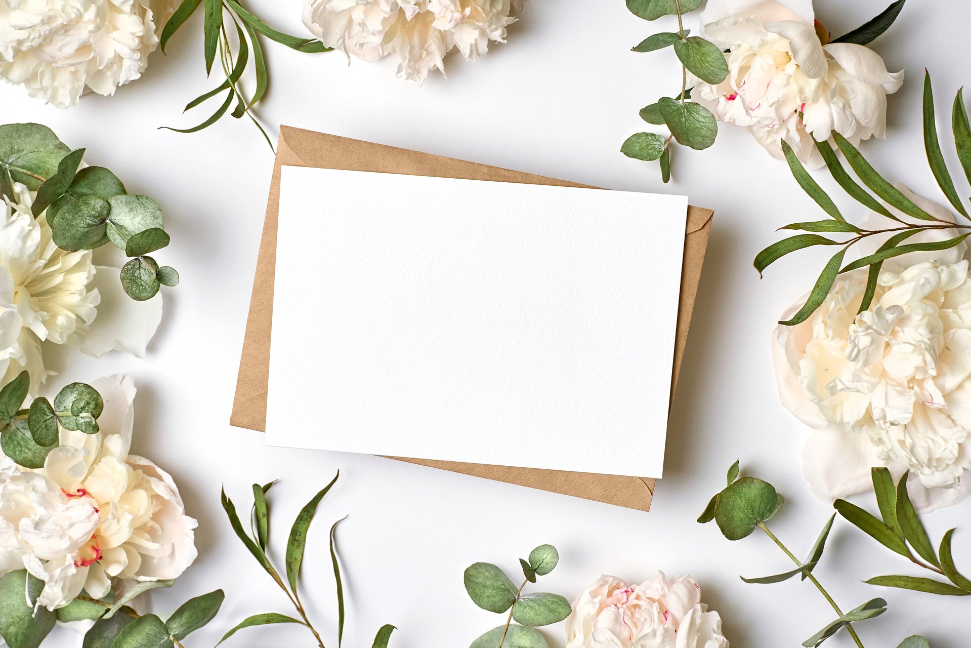 Wedding Invitation Card Mockup with White Peony Flowers